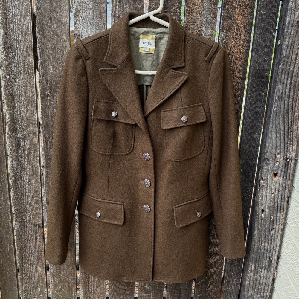 Fossil Military Inspired Wool Blend Button Utility Jacket Blazer Brown Small